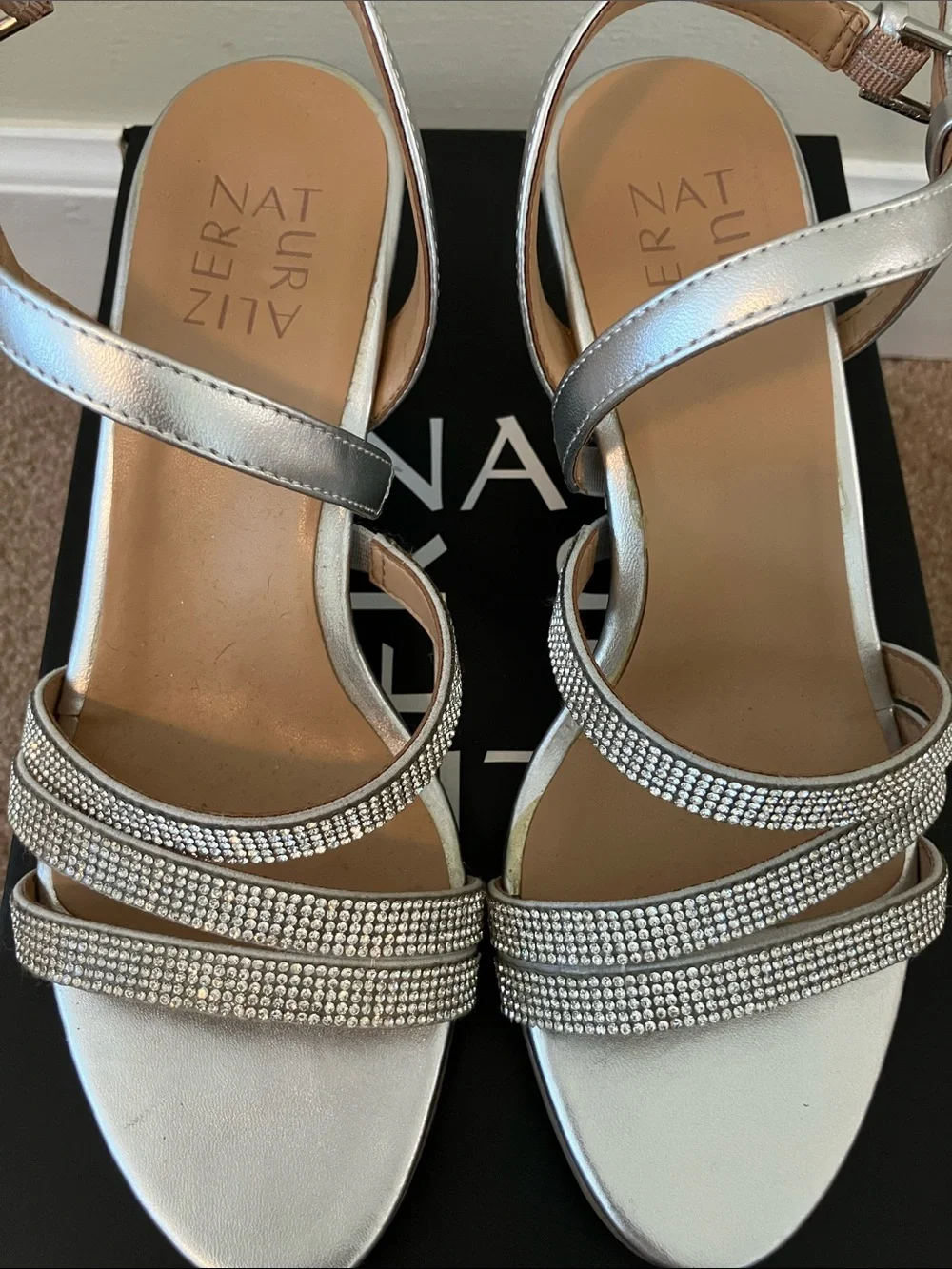 Naturalizer “Bridget” Silver Rhinestone Strap Women's Block Heel Heels